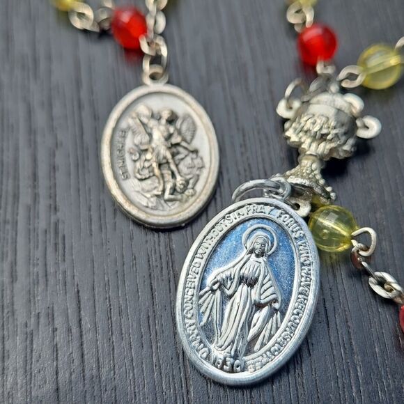 Elegant Silver Tone Red Yellow Beaded Necklace Rosary Jewelry Unisex Man Women - Picture 2 of 15